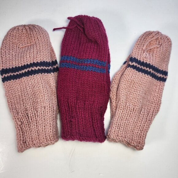 Hand Knit Mittens Lot of 3 Womens 8.5" - 10" Long Pink with Blue - Picture 1 of 4
